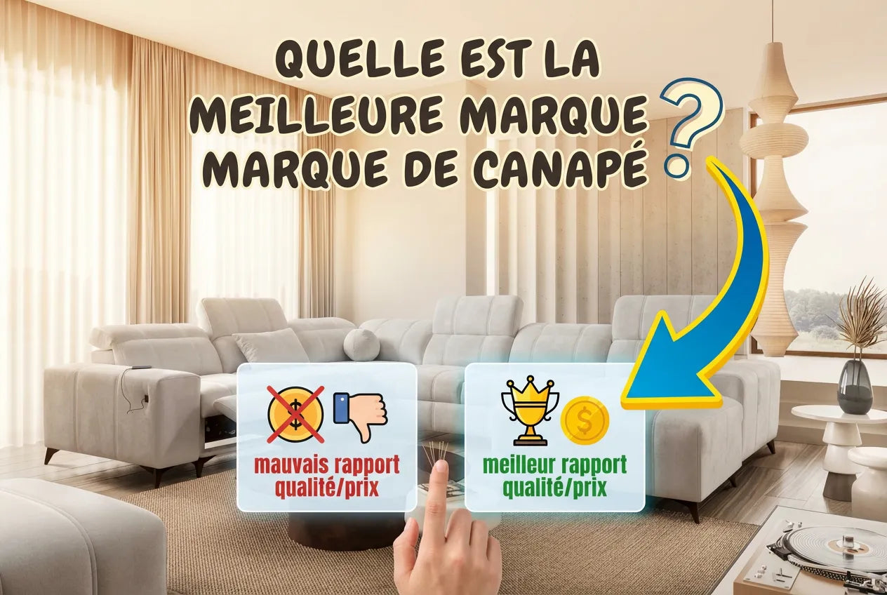 Miniature photo-réaliste d'un canapé gris avec des icônes comparatives de prix et de qualité, illustrant la recherche du meilleur rapport qualité/prix.
