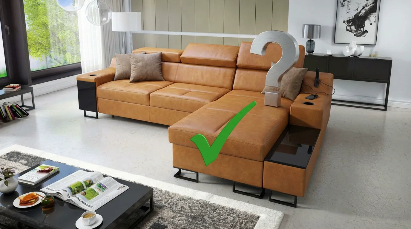 Miniature photo-réaliste d'un canapé en cuir avec des icônes de choix (point d'interrogation et coche) illustrant la sélection de matériaux.