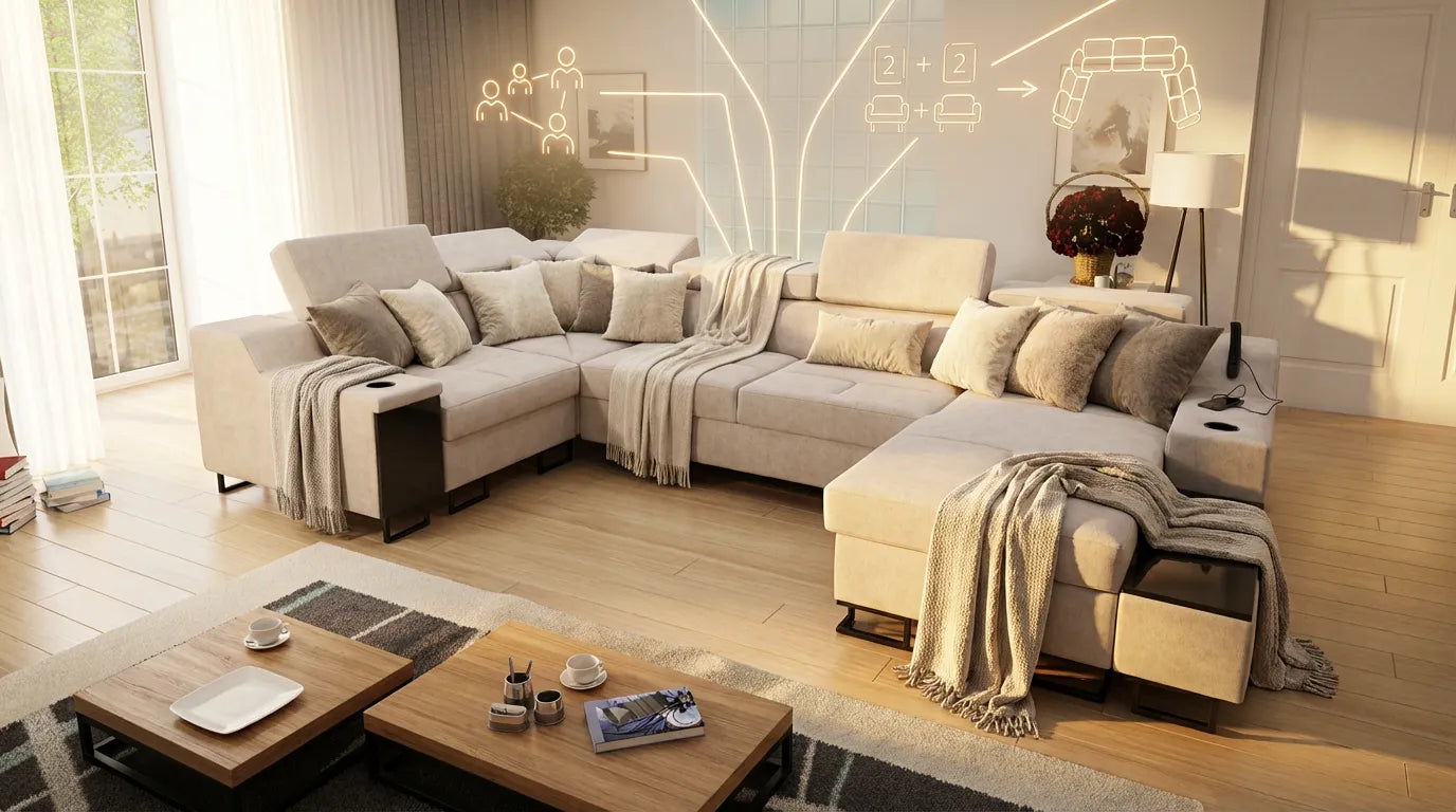 Grand canapé modulable accueillant, adapté pour recevoir des invités, avec graphismes discrets suggérant la capacité d'accueil.