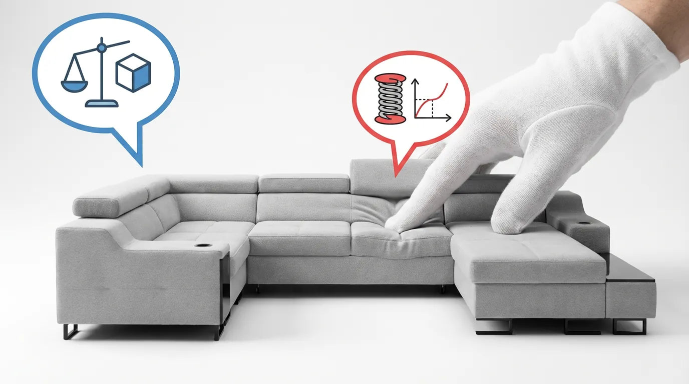 Illustration conceptuelle comparant la densité (masse/volume) et la fermeté (résistance à la pression) sur un canapé, utilisant des icônes graphiques sans texte.
