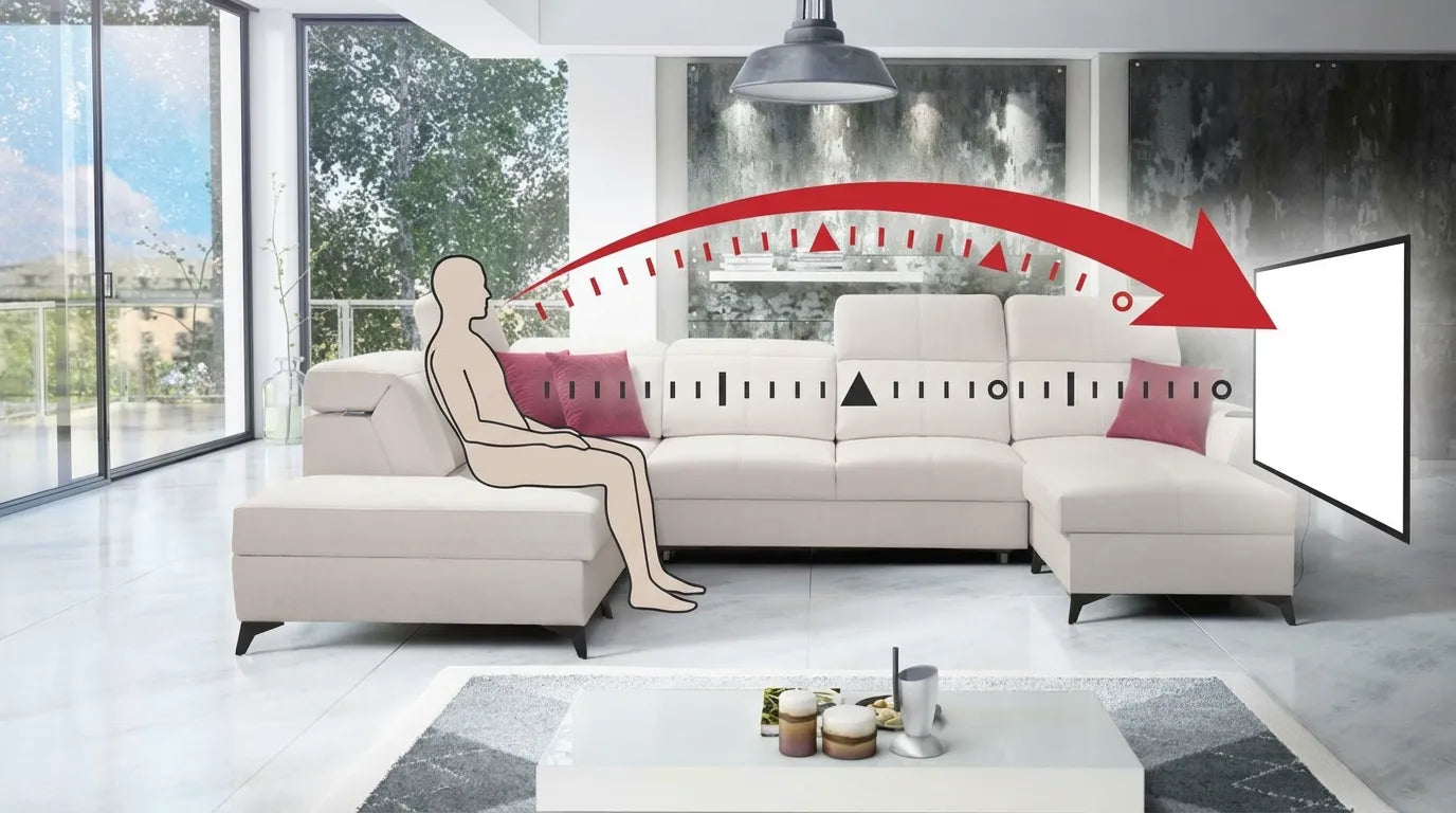 Illustration humoristique d'un canapé et d'une distance idéale vers un téléviseur, montrant une flèche graduée entre les deux points.