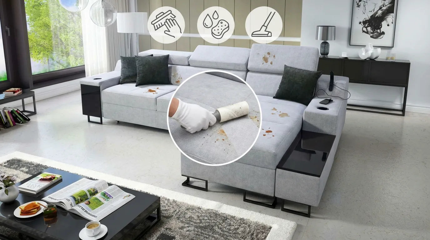 Main nettoyant une tache sur un canapé en chenille grise avec des outils de nettoyage graphiques.