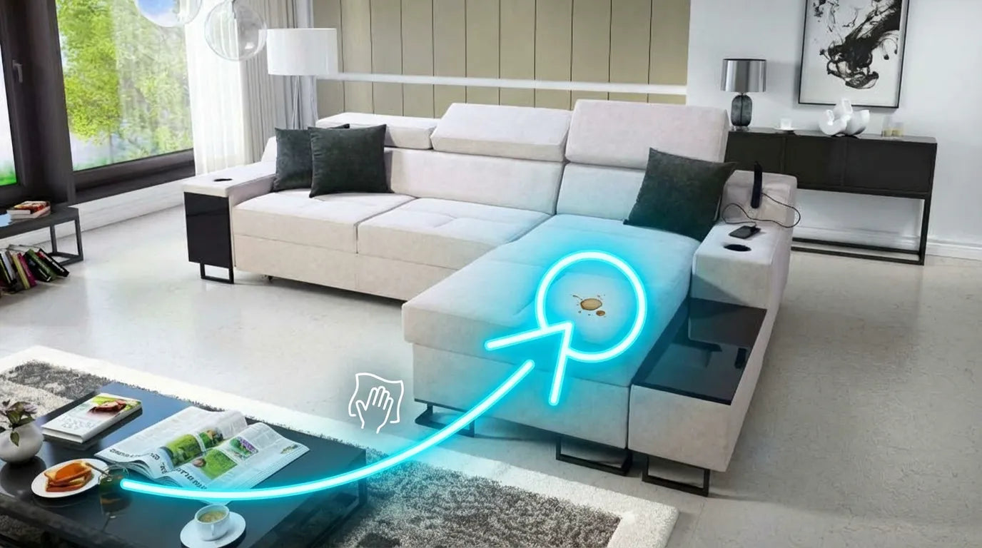 Miniature amusante : Canapé Alcantara avec petite tache de café, pointée par une flèche lumineuse pour un tutoriel de nettoyage.