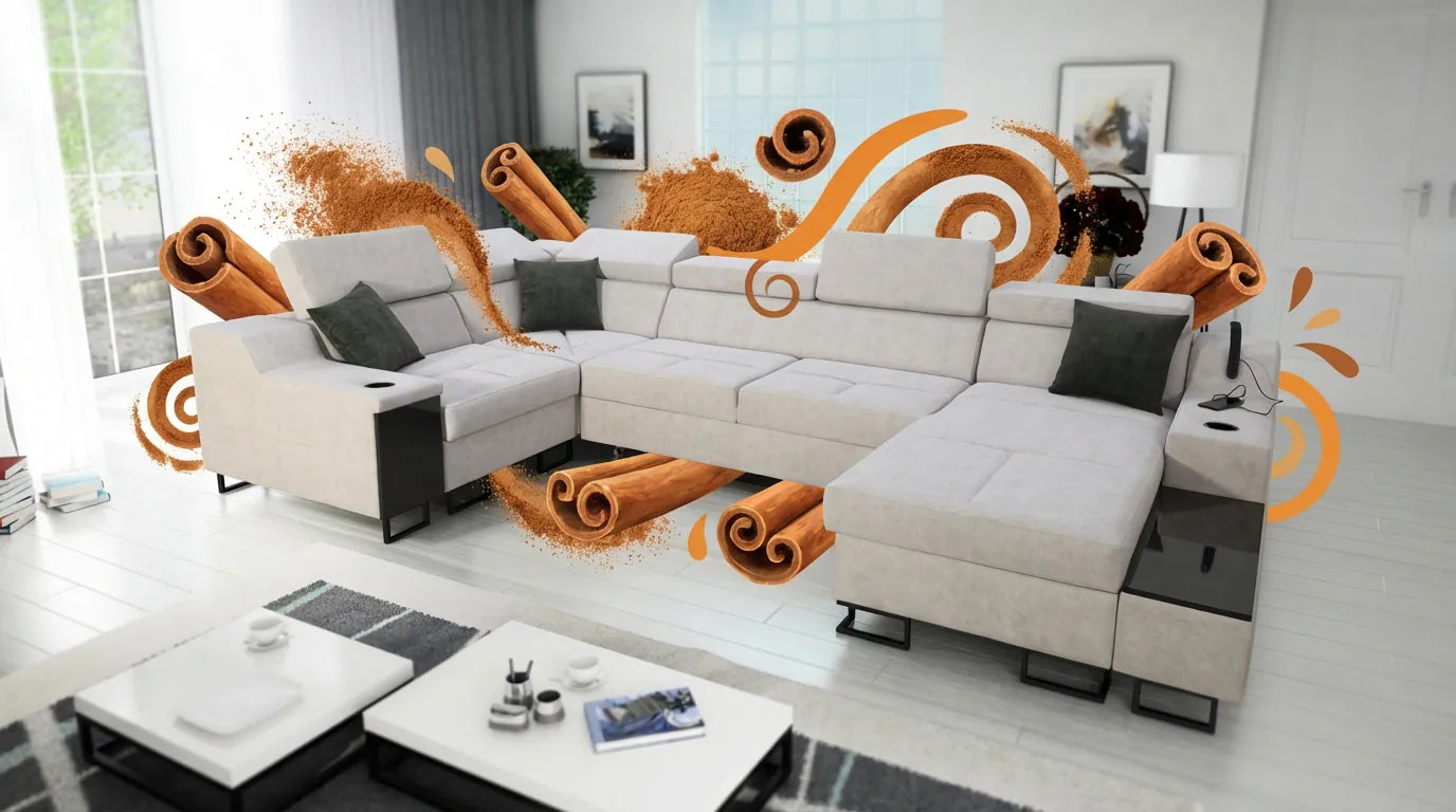 Miniature humoristique : canapé gris moderne avec superpositions graphiques abstraites rappelant la cannelle.