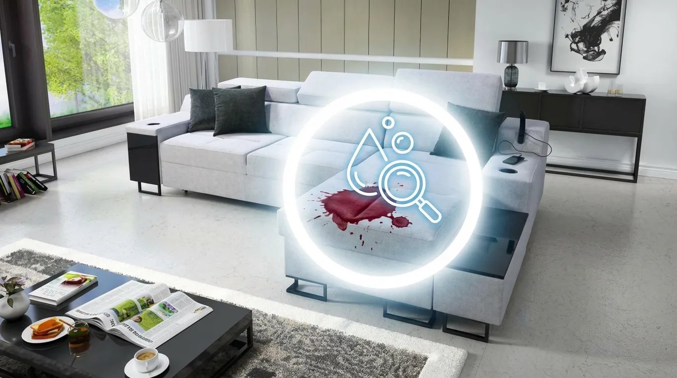 Gros plan sur un canapé taché de vin rouge, avec un cercle graphique superposé indiquant une action de nettoyage immédiate et efficace.