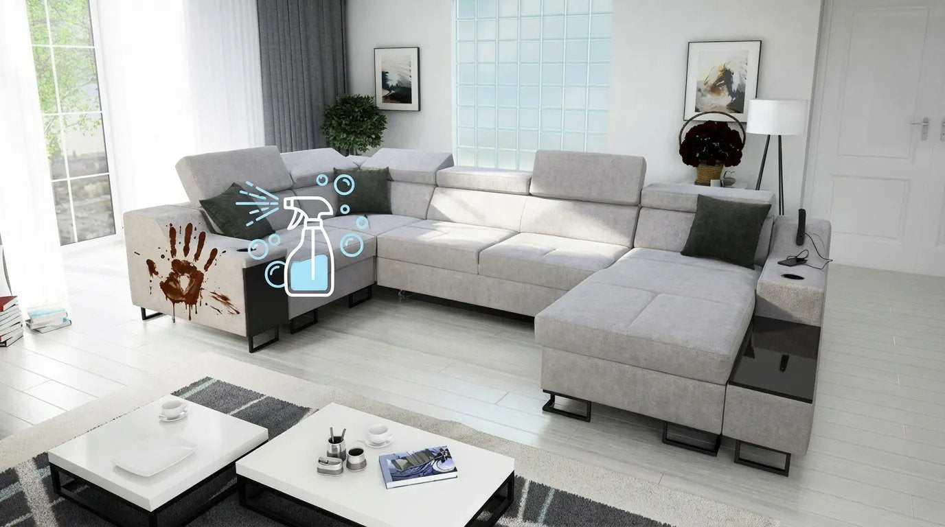 Miniature photo réaliste canapé microfibre taché avec icônes de nettoyage superposées.