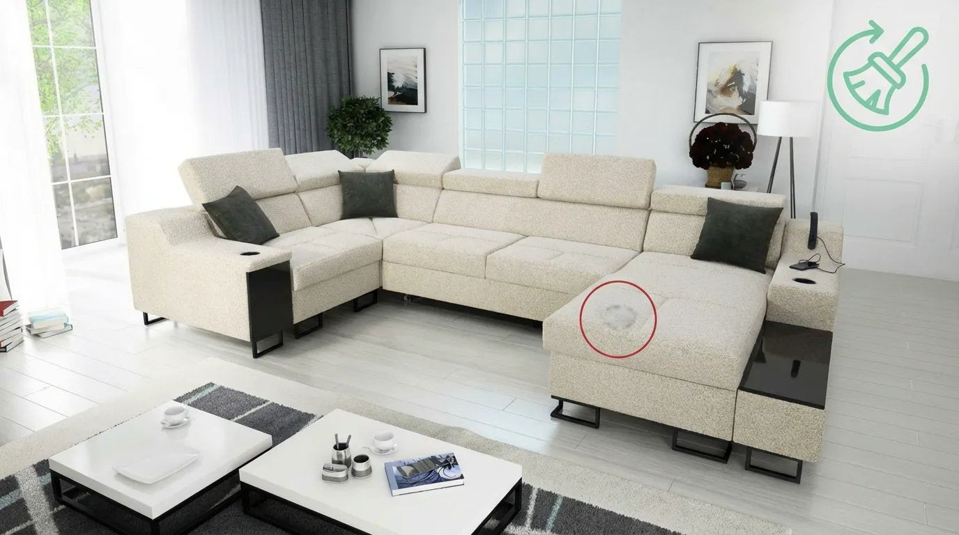 Canapé bouclette propre avec une petite zone salie mise en évidence pour un tutoriel de nettoyage.