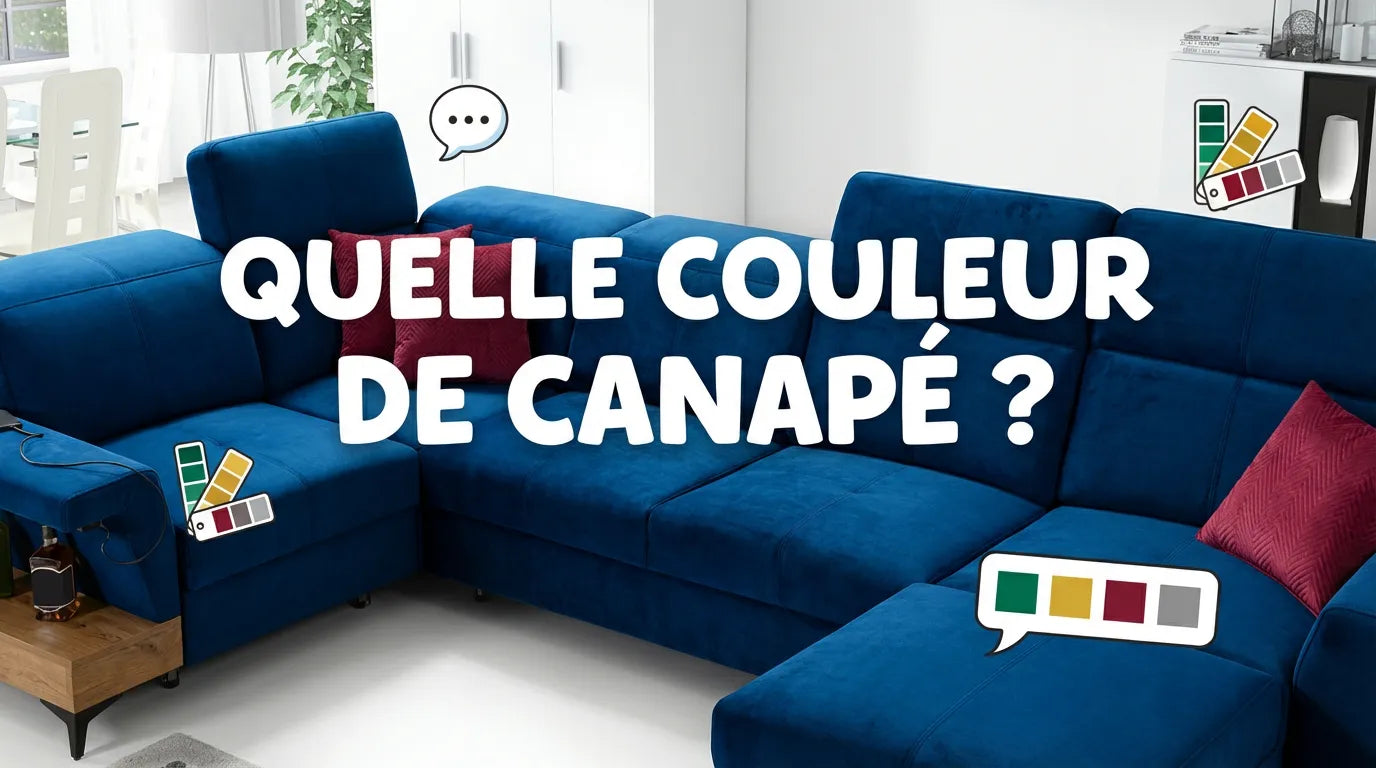 Salon moderne avec murs blancs et canapé bleu saphir contrastant, intitulé 'Quelle couleur de canapé ?'