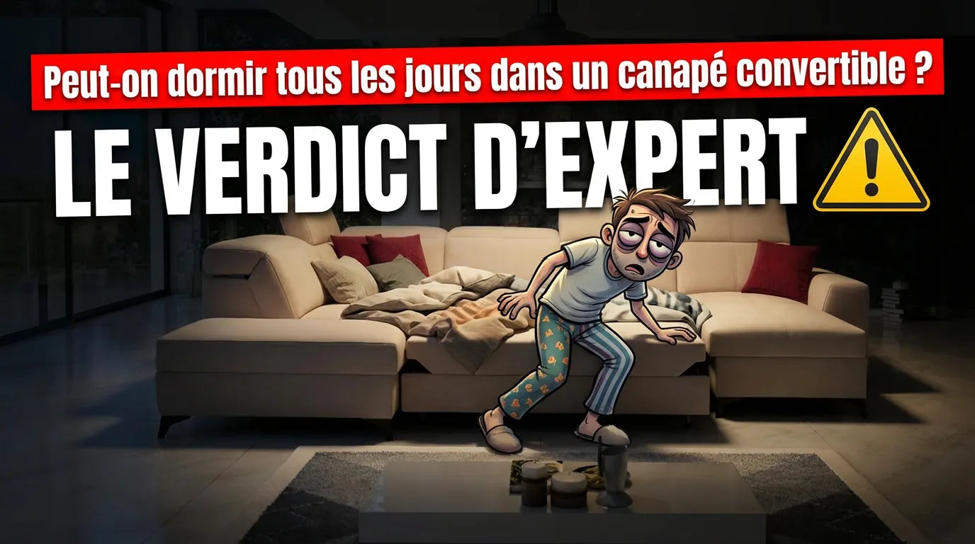 Miniature amusante : Personne fatiguée dormant mal sur un canapé convertible, avec texte d'interrogation sur sa faisabilité quotidienne.