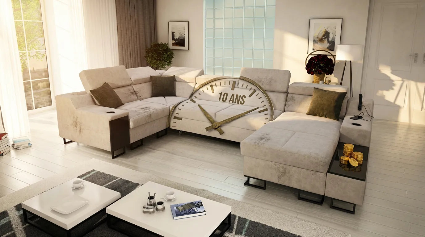 Canapé réaliste avec un graphique d'horloge superposé, illustrant la longévité d'un meuble.