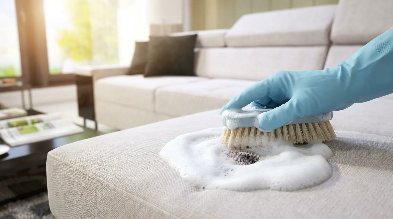 Miniature amusante : nettoyage d'une tache sur un canapé en lin beige avec une brosse et de la mousse.