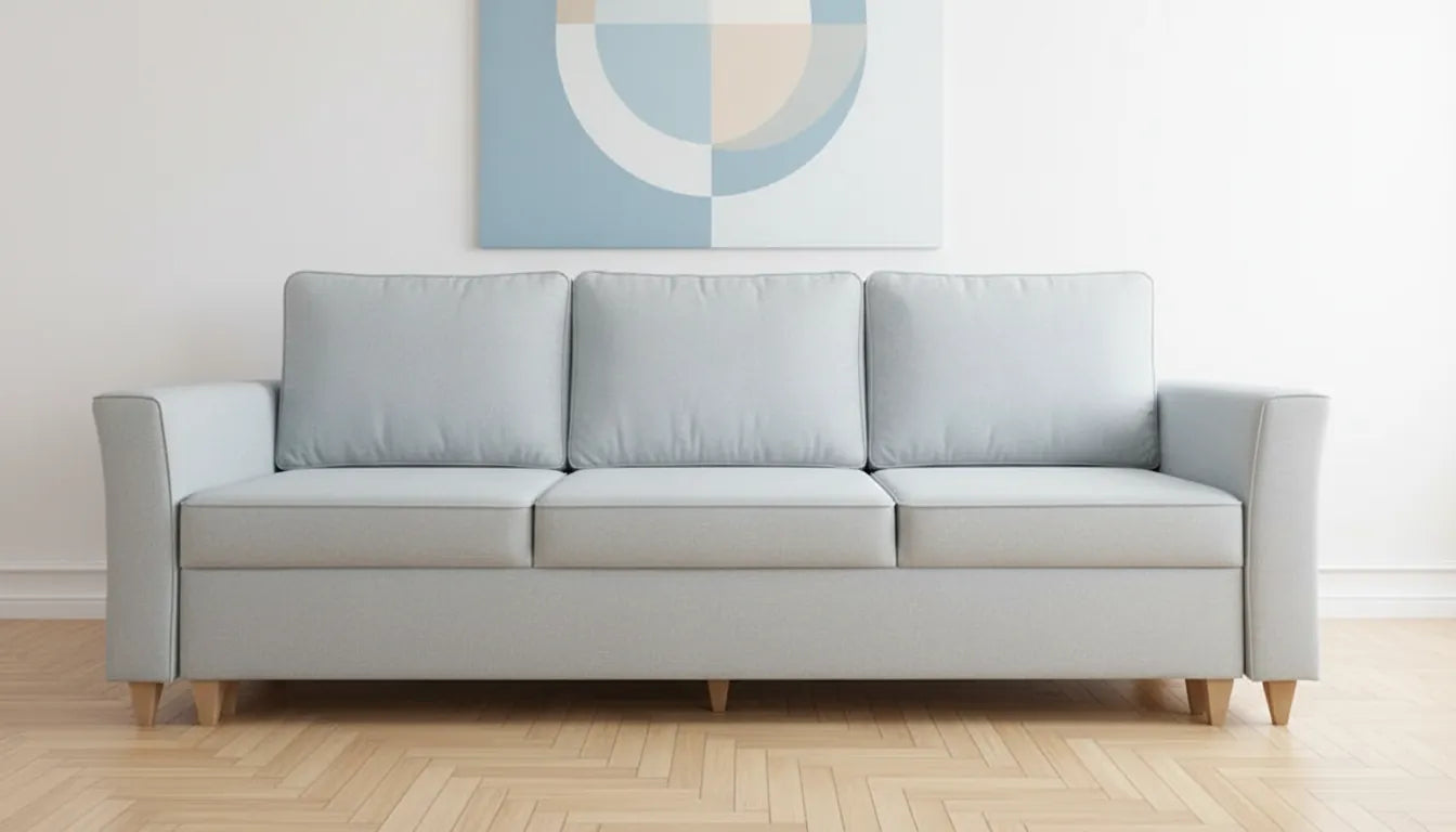 Canapé trois places gris clair design salon moderne avec motifs graphiques abstraits pastel superposes