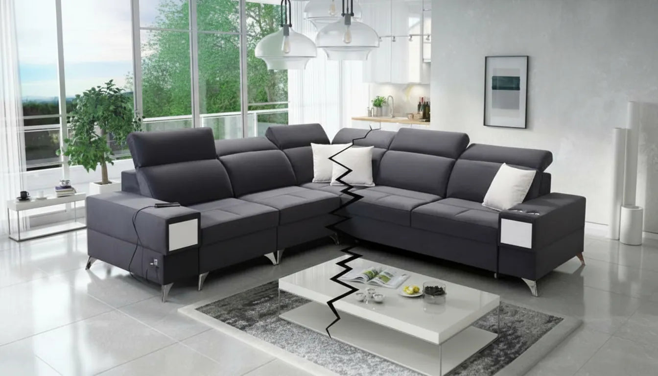 Canapé gris réaliste avec une fissure stylisee et exageree au centre du coussin d assise pour un effet humoristique