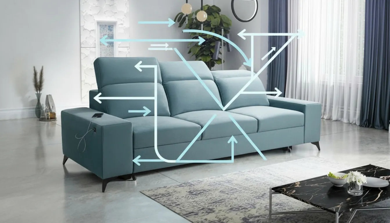 Canapé convertible IKEA trois places gris clair dans un salon moderne avec une superposition graphique abstraite bleu ciel et blanc symbolisant la transformation rapide