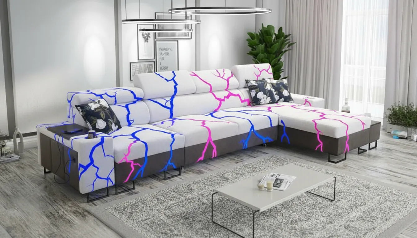 A realistic photo of a modern sofa overlaid with bright neon graphic cracks to illustrate the concept of 'meuble crack'.