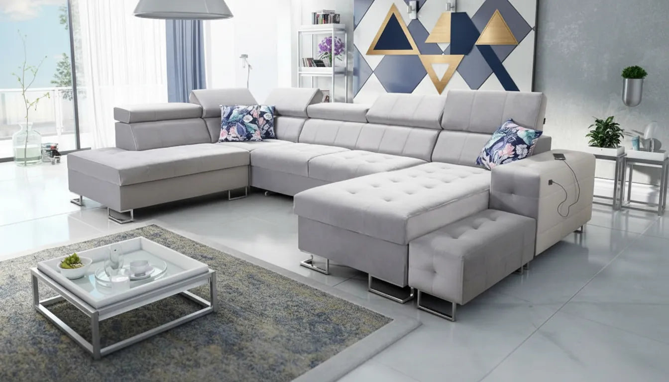 Canapé confortable sous un design abstrait stylise or bleu marine evocateur de luxe et de succes