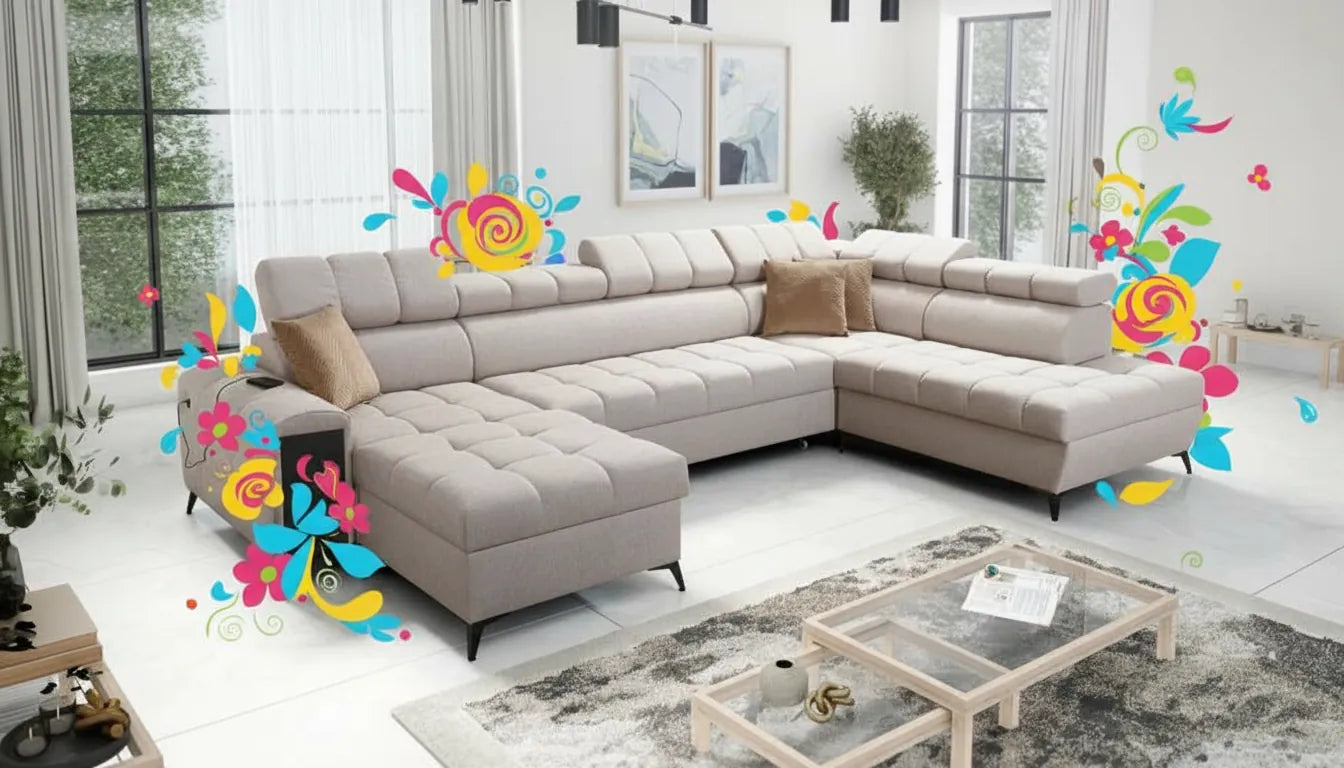 Canapé moderne gris clair avec une superposition graphique abstraite et colorée de formes florales stylisées