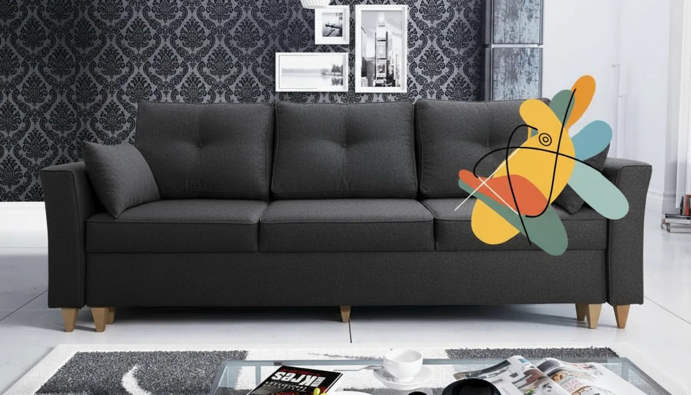 Canapé 3 places gris design rendu photo realiste avec superposition graphique abstraite