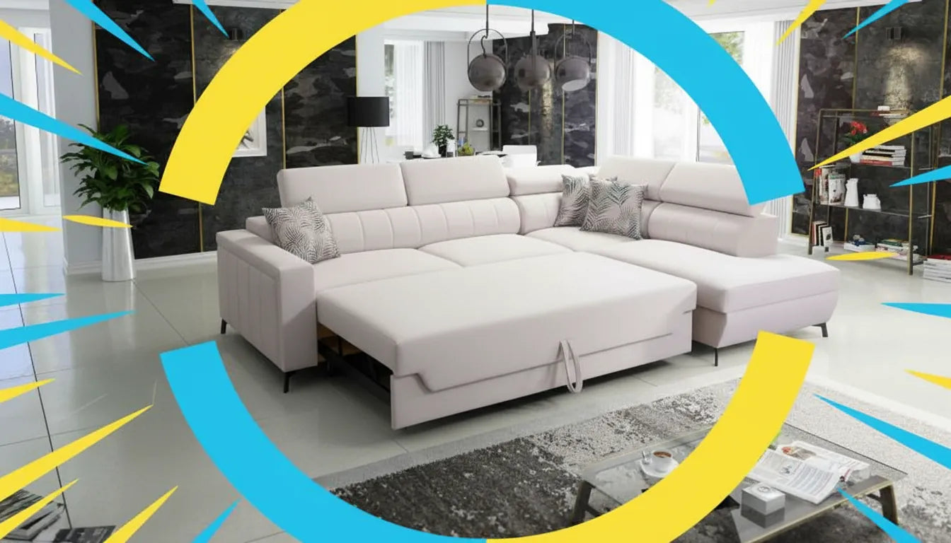 Photo realiste d'un canape convertible ouvert dans un salon moderne composition graphique lumineuse sans texte autour du meuble