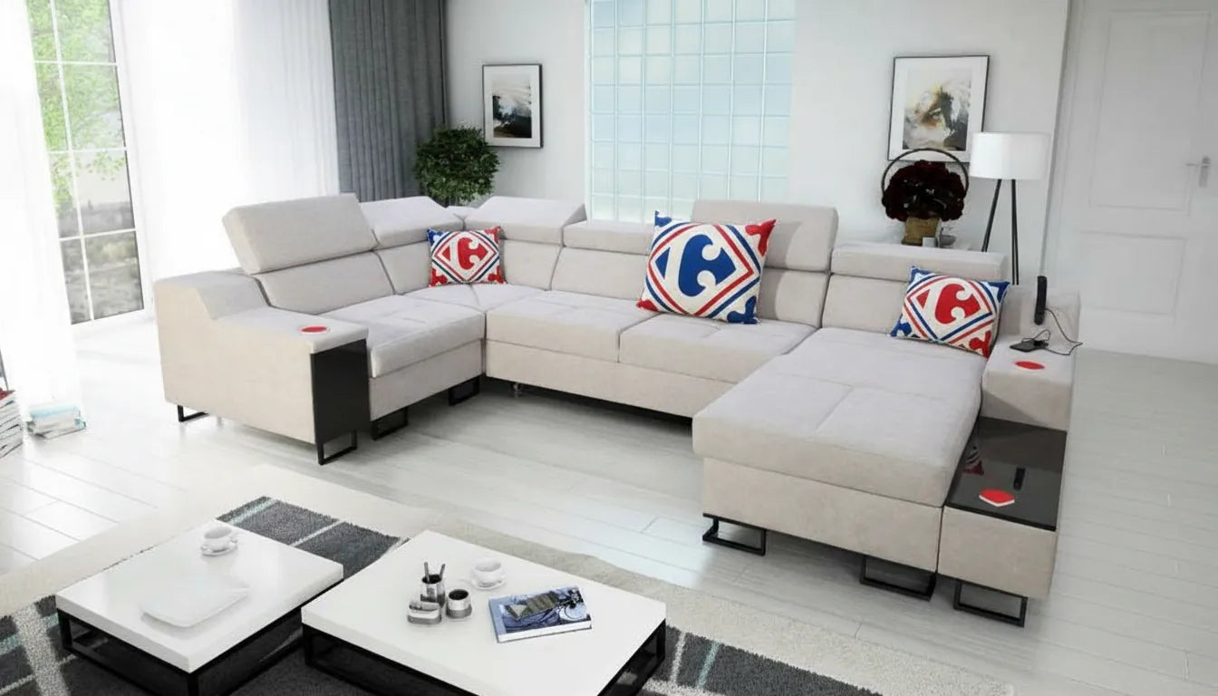 Canapé moderne réaliste avec un motif graphique stylisé inspiré des couleurs Carrefour.