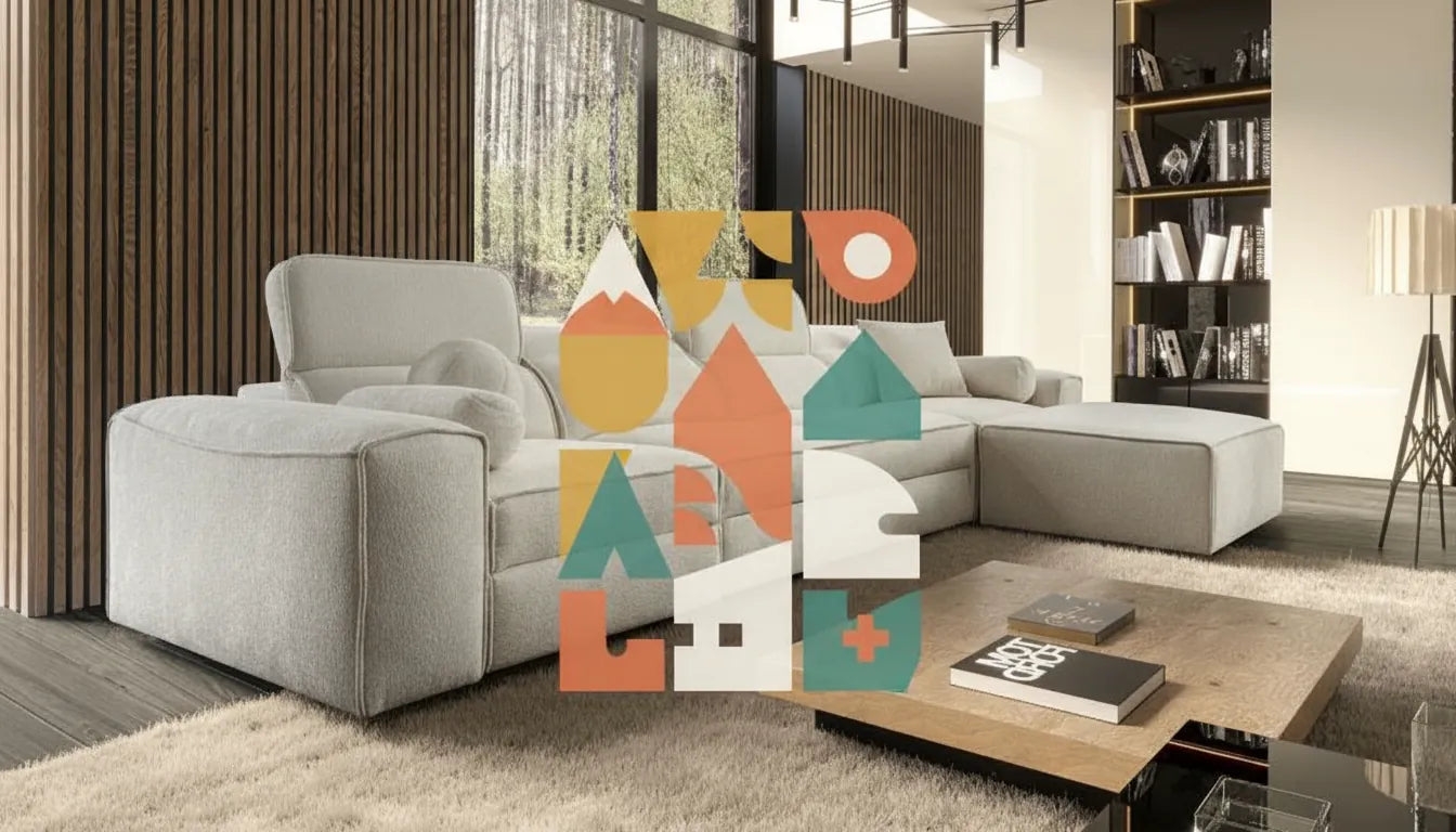 Canapé confortable avec une superposition graphique abstraite et colorée sur le thème de la maison et du confort