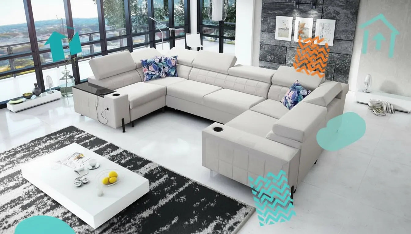 Photo realiste d'un canape moderne avec superposition graphique abstraite symbolisant le design et le confort pour un site de meuble