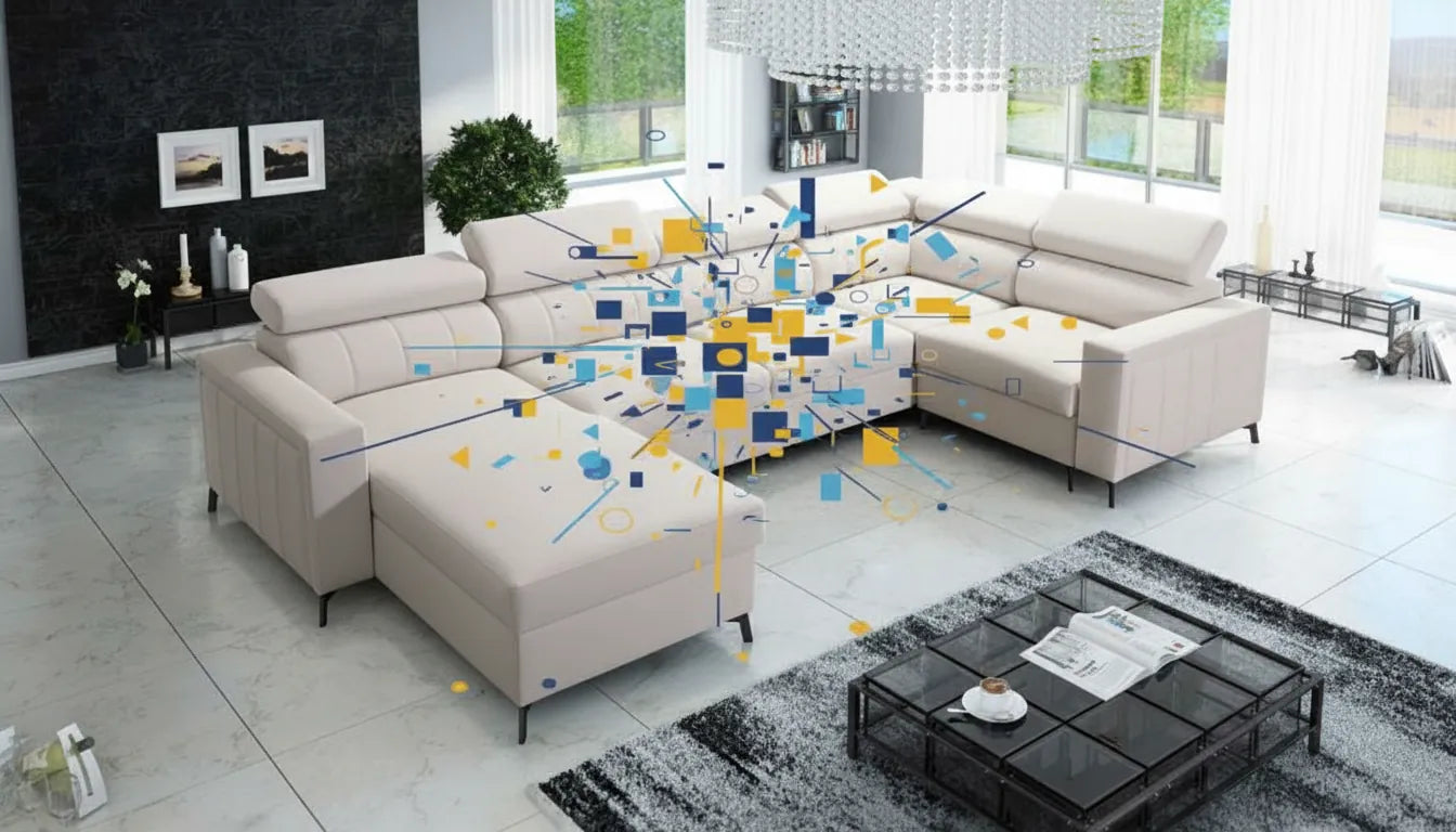 Canapé moderne gris clair dans un salon avec une superposition graphique abstraite colorée