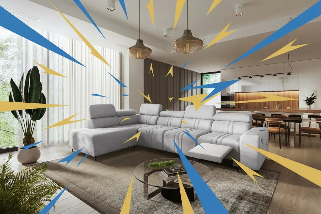 Canapé moderne dans un salon lumineux avec une superposition graphique abstraite et dynamique en bleu et jaune vif pour indiquer une promotion