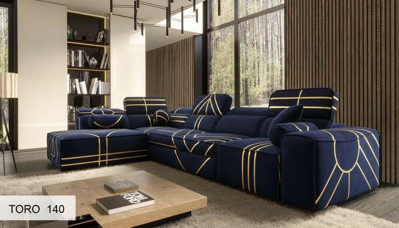 Photo realiste d'un canape luxe deco avec superposition graphique or et noir