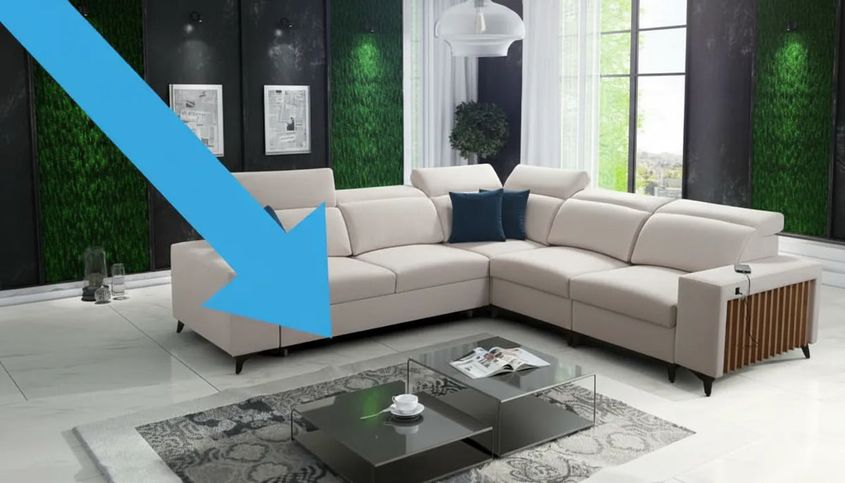 Fauteuil design moderne dans un salon photorealiste avec une fleche graphique minimaliste pointant vers lui