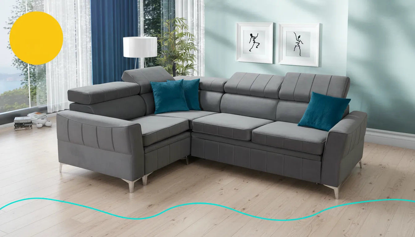 Canapé lit Natuzzi gris moderne déplié avec un cercle jaune et une ligne turquoise superposés visuellement