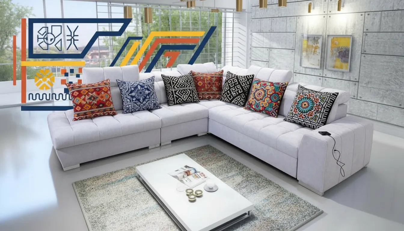 Canapé confortable dans un salon moderne avec des coussins aux motifs du monde et une superposition graphique abstraite colorée