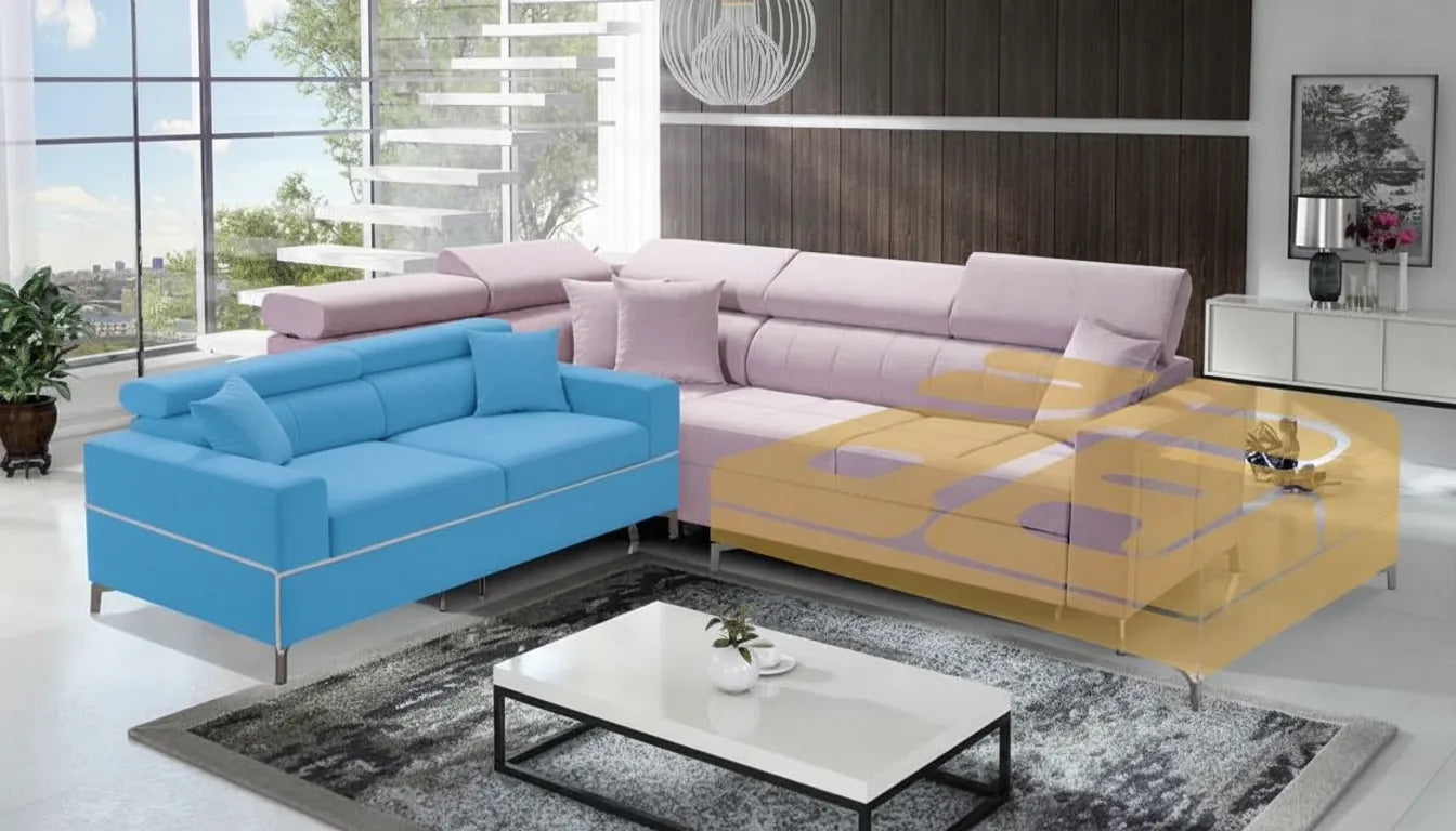 Image realiste d'un canape lit moderne avec superposition graphique stylisee formes couleurs vives