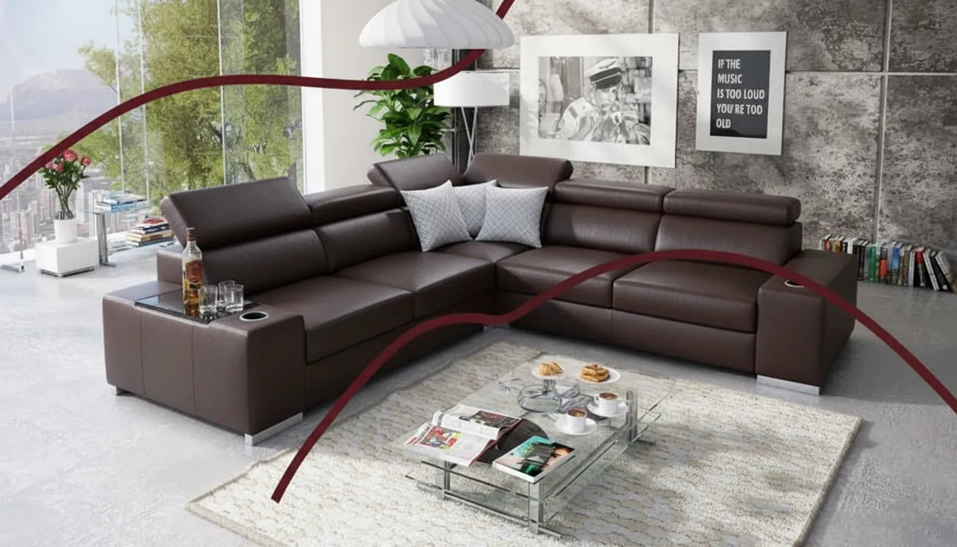 Canapé luxueux en cuir marron avec lignes graphiques rouges superposées composition moderne et élégante.