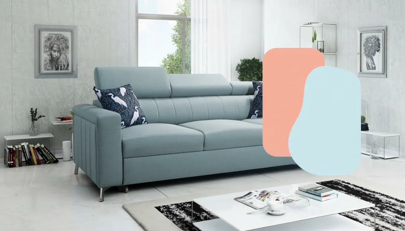 Canapé deux places réaliste avec superposition graphique d'formes géométriques pastel