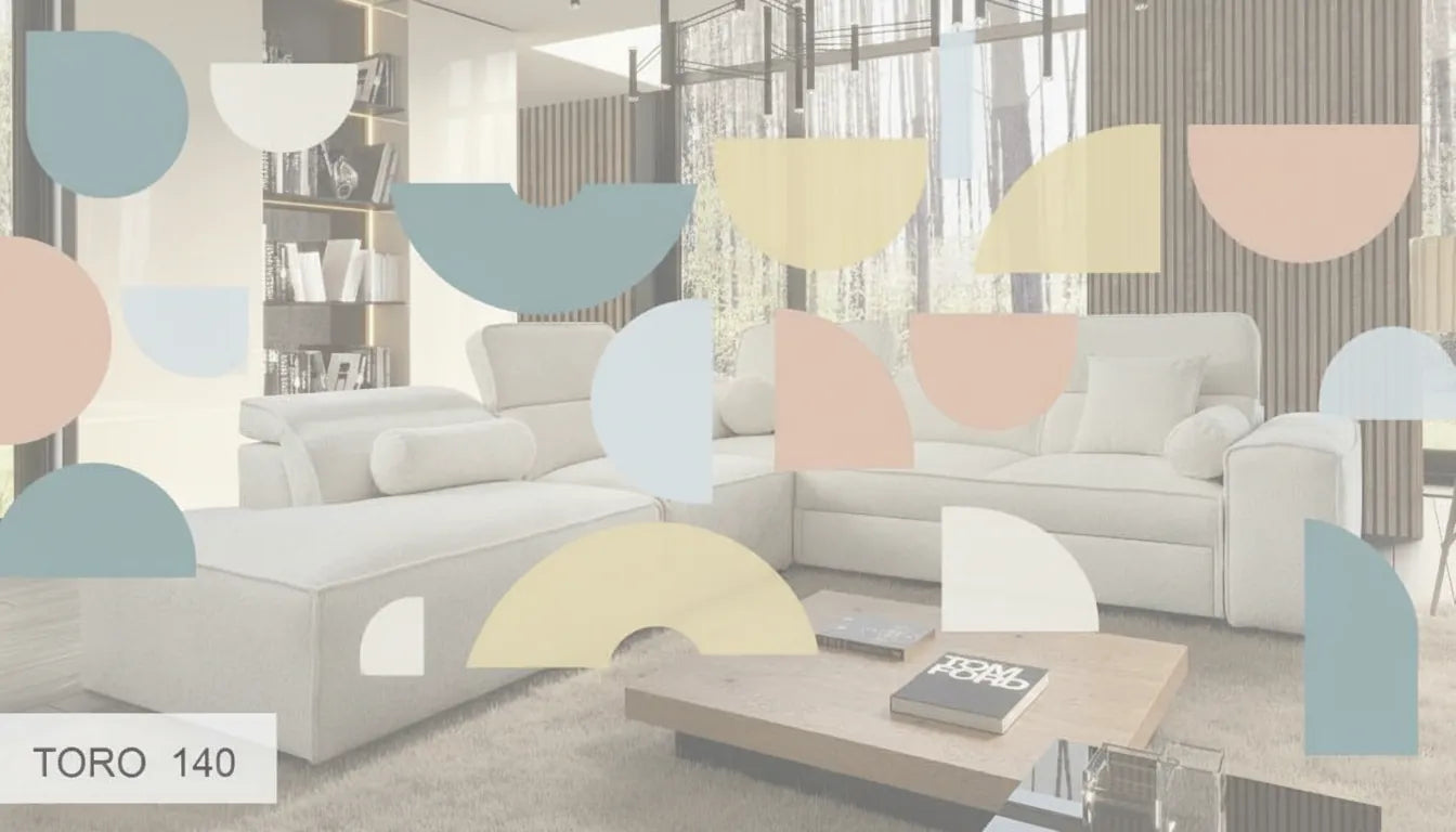 Canapé moderne photo réaliste avec superposition graphique abstraite tons doux