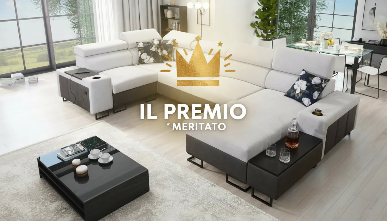 Canapé luxueux de marque Natuzzi avec une couronne dorée stylisee flottant au-dessus pour signifier un prix.