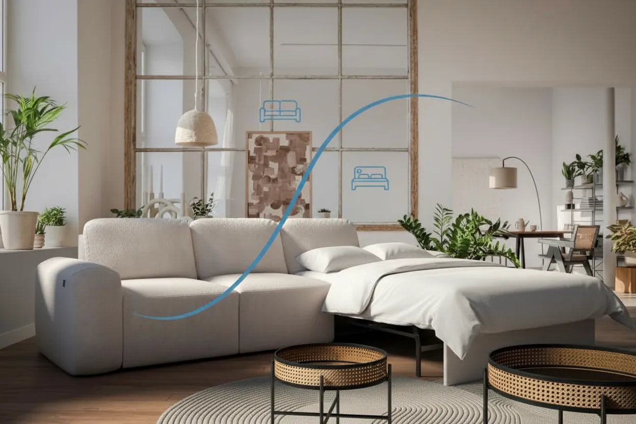 Photo realiste d'un canape moderne se transformant en lit avec une superposition graphique simple illustrant la fonction double.