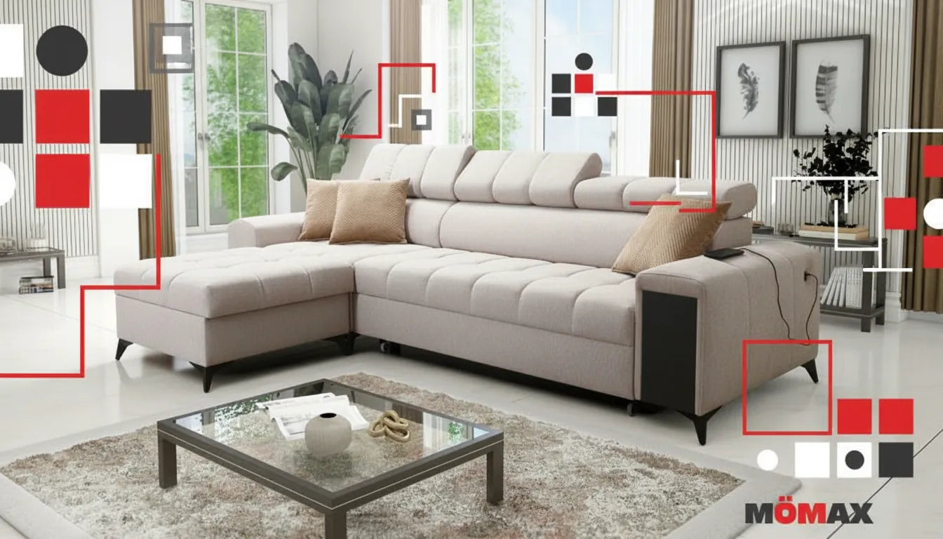 Canapé réaliste avec superposition graphique abstraite et colorée inspirée de Mömax pour une vignette internationale.
