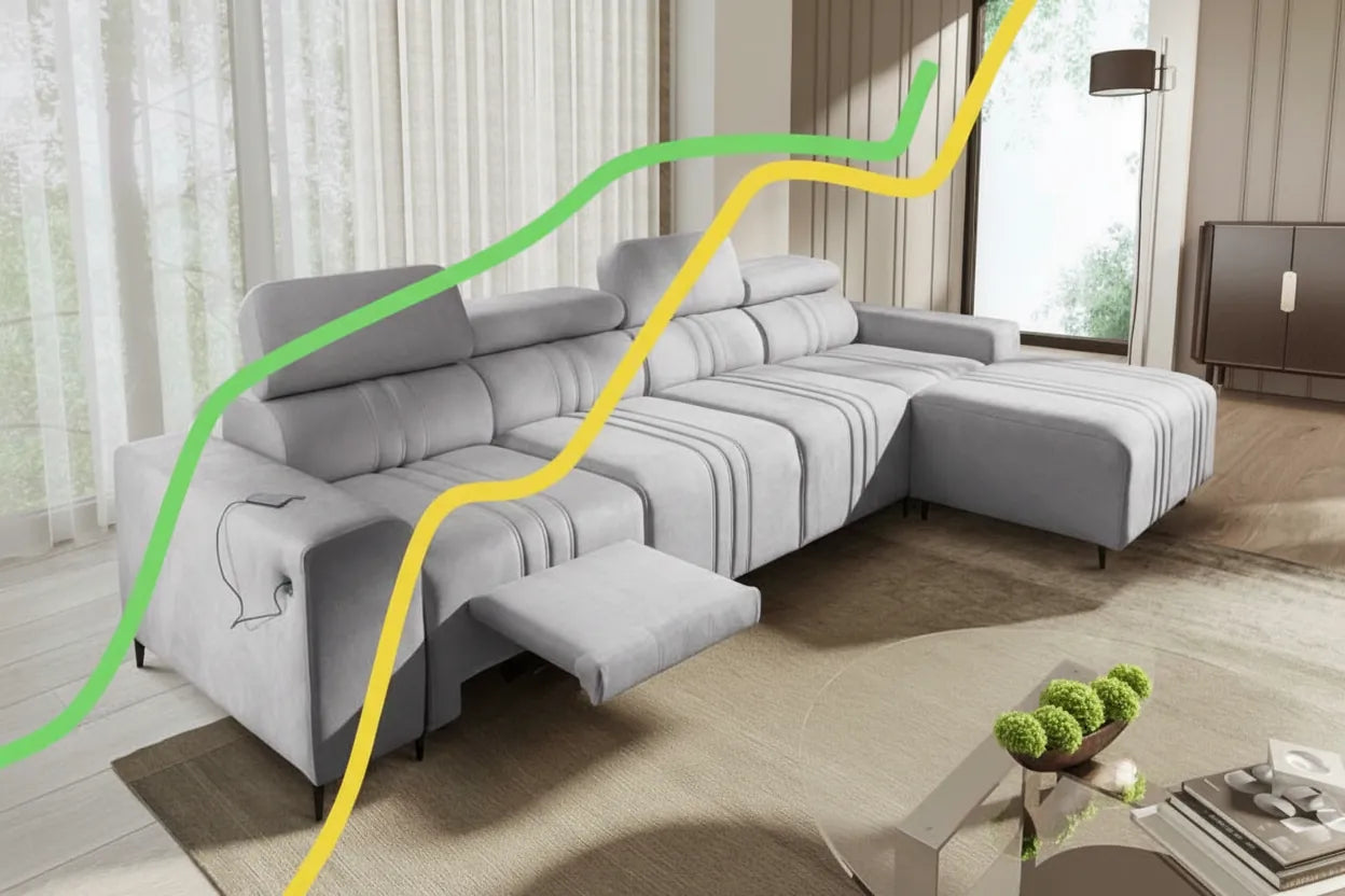 Photo realiste canape d angle convertible IKEA gris clair deploiement lumineux superposition ligne graphique abstraite vert jaune