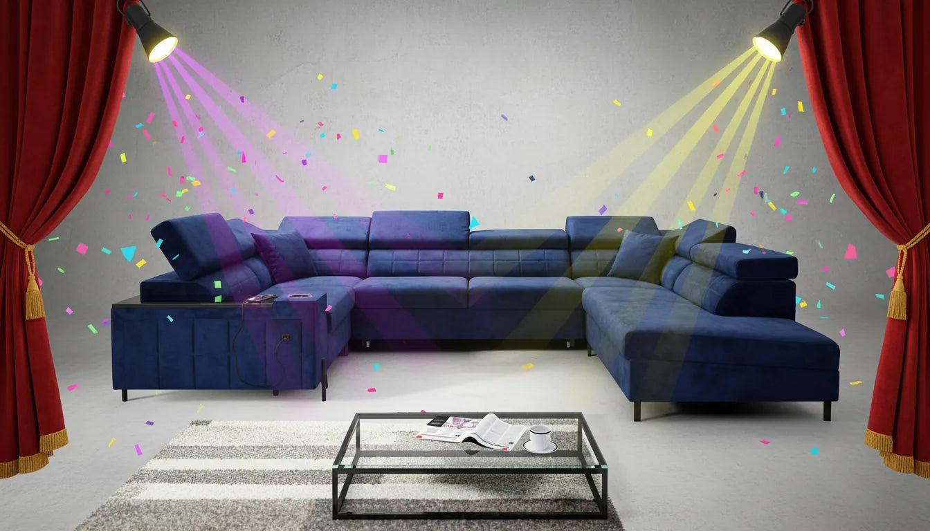 Canapé moderne sous des lumières de scène avec des confettis numériques, style miniature de photographie humoristique