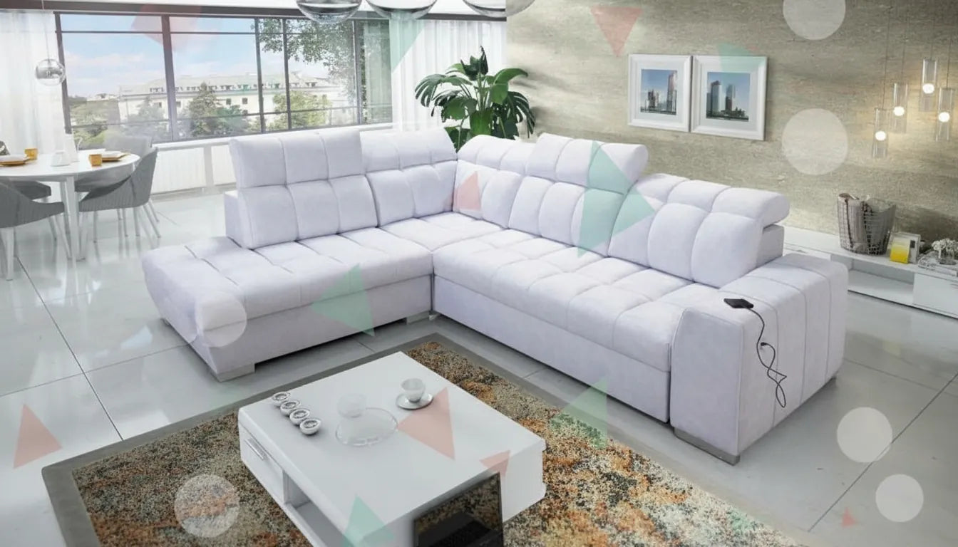 Canapé convertible moderne dans un salon clair avec superposition graphique abstraite et colorée