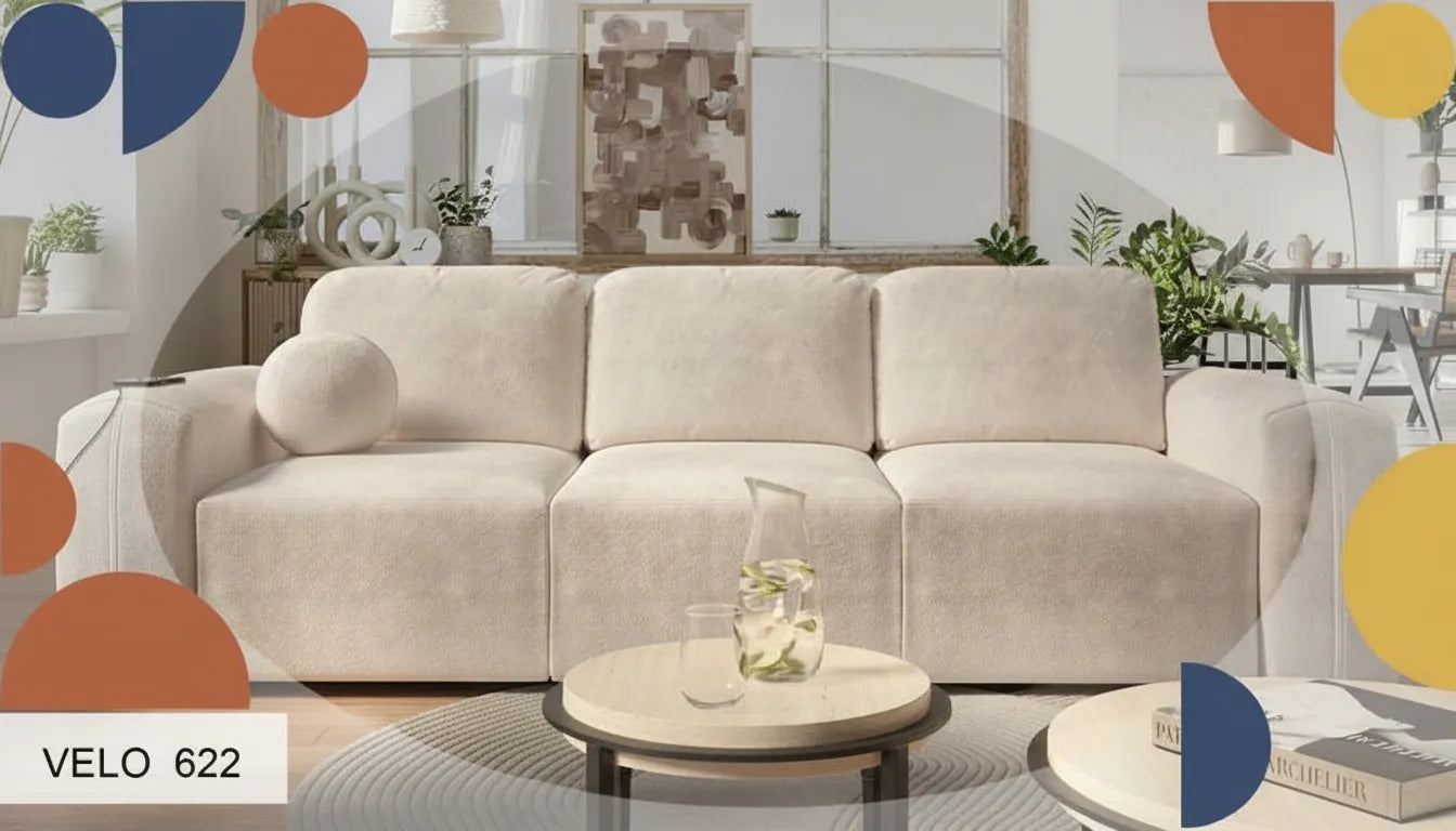 Photo realiste canape beige moderne salon lumineux superposition formes geometriques bleues et jaunes