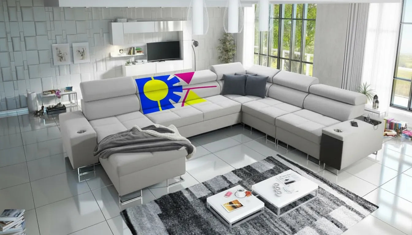 Photographie realiste d un canape moderne avec superposition graphique coloree et abstraite sans texte