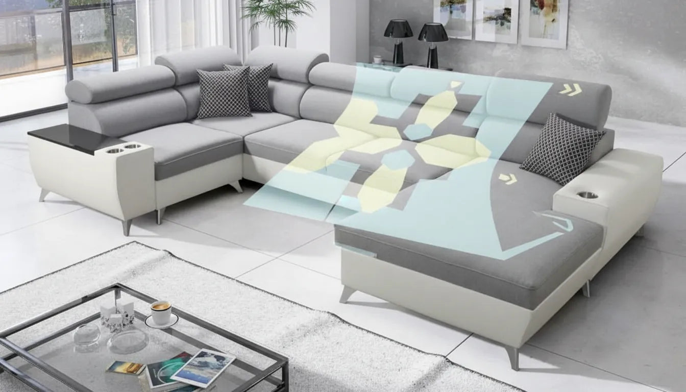 Canapé convertible gris clair moderne simple avec superposition graphique abstraite de couleur pastel suggérant la transformation en lit sans texte
