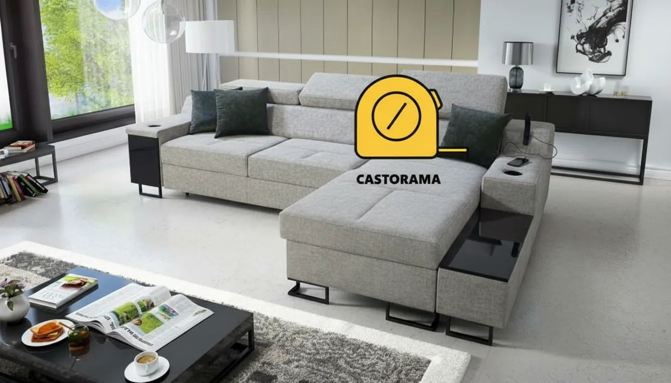 Miniature humoristique : canapé confortable avec petit symbole de bricolage flottant au-dessus.