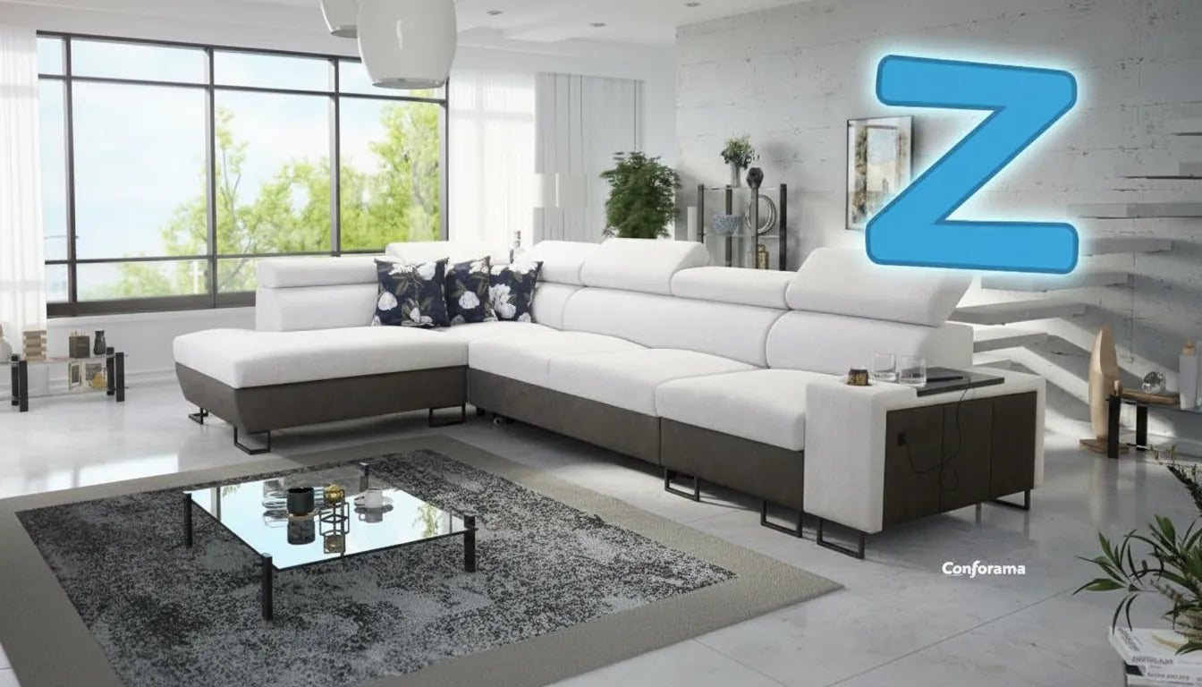 Photo realiste d'un canape BZ moderne avec un grand symbole de sommeil Z superpose en couleur vive