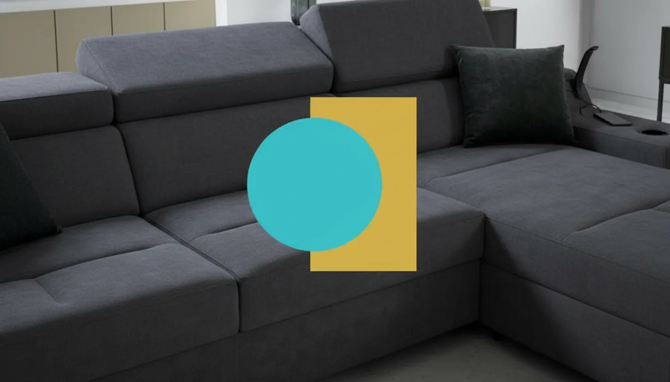 Miniature photo-réaliste d'un canapé gris avec superposition graphique moderne et colorée.