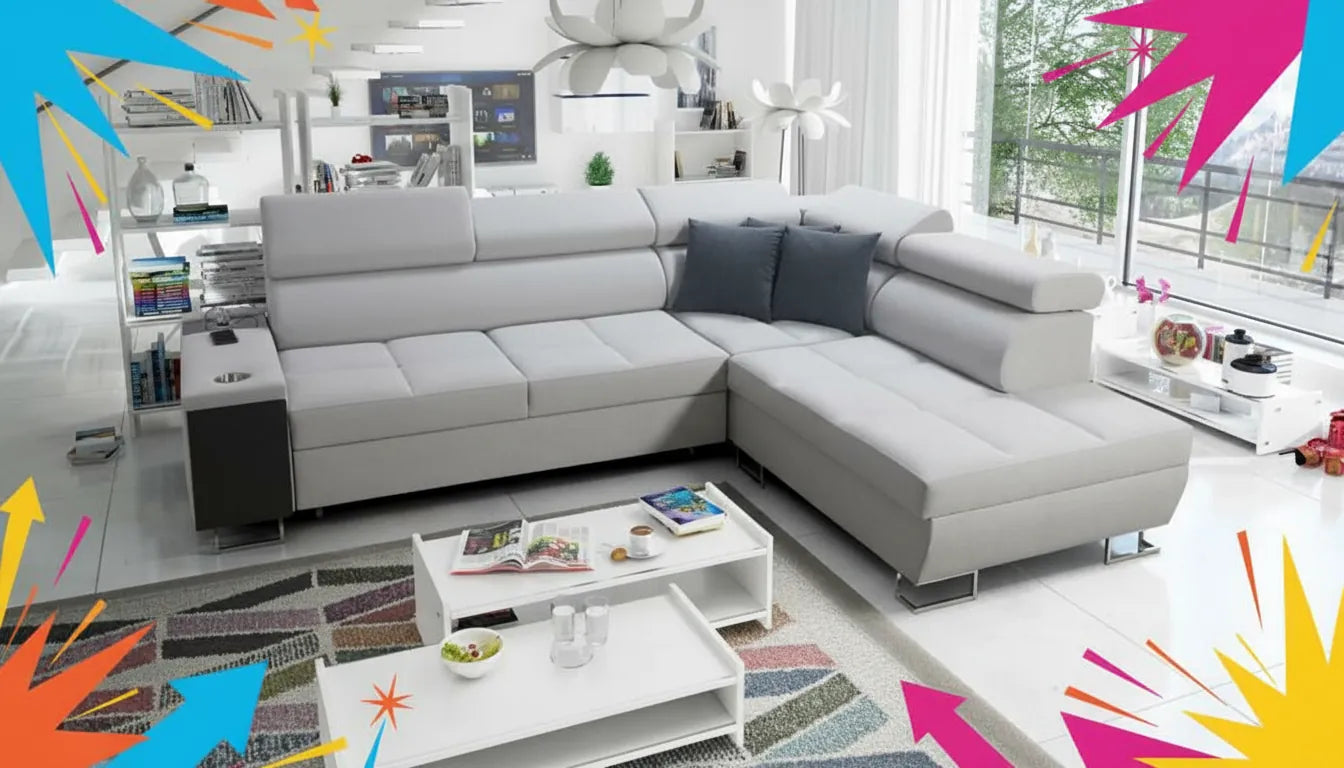 Canapé relax moderne dans un salon, superposé d'un motif graphique abstrait et coloré pour indiquer une vente promotionnelle.