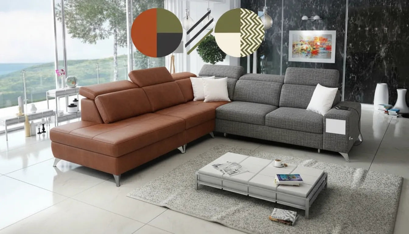 Canapé moderne divisé en deux moitiés cuir brun et tissu gris avec superposition graphique